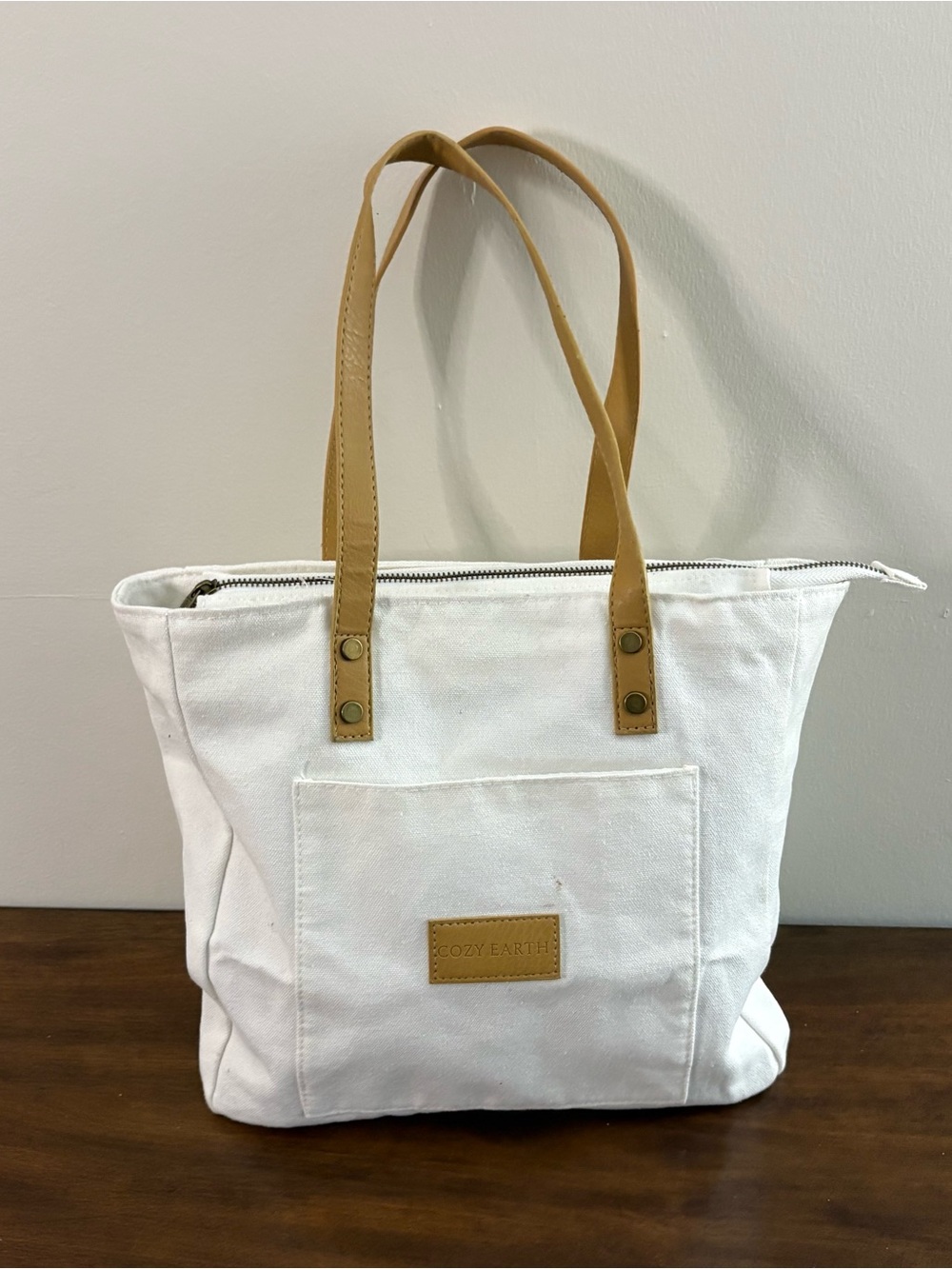 Cozy Earth White Canvas Tote bag with Tan Handles coastal preppy summer travel